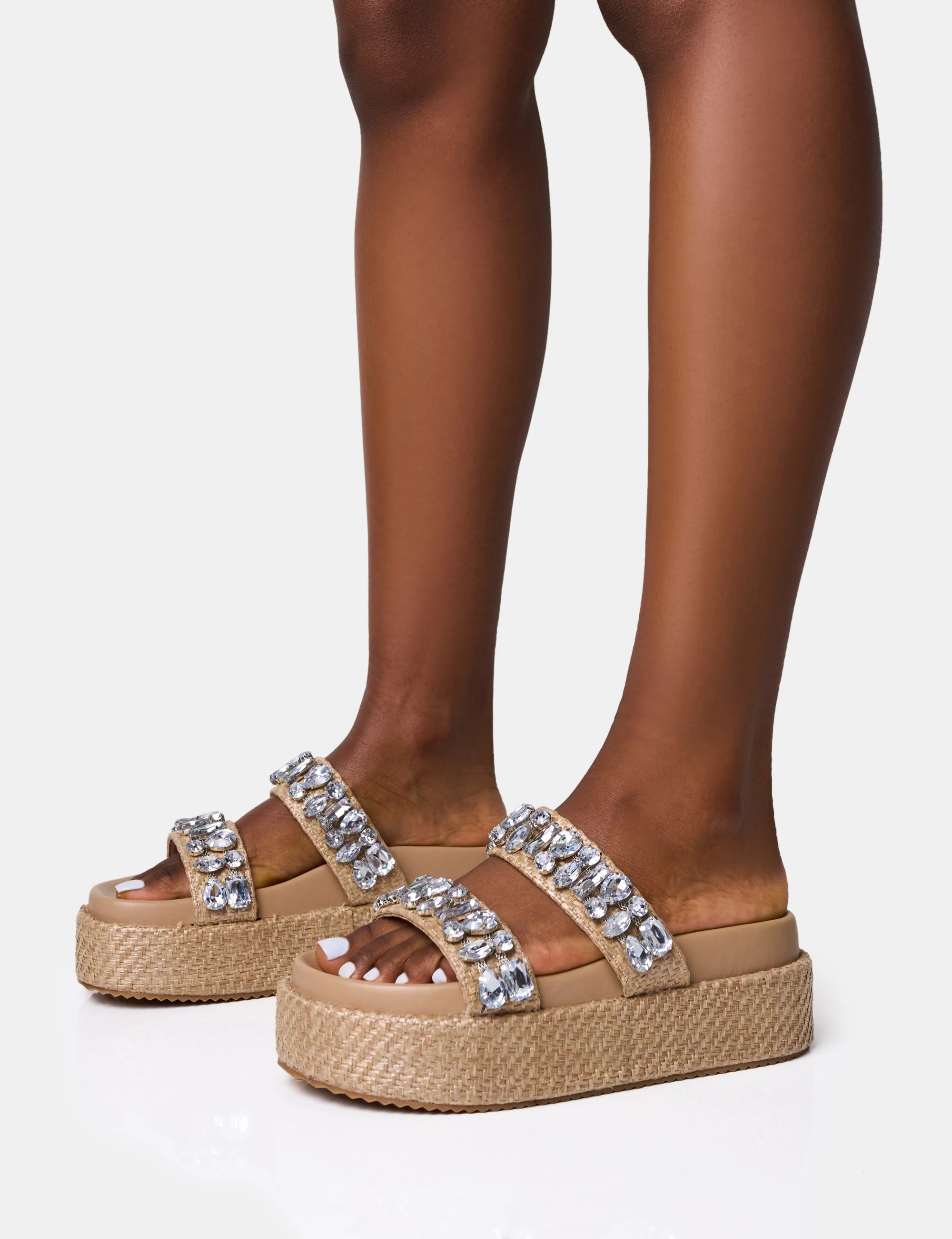 Duchess Natural Raffia Double Strap Platform Slider Sandals