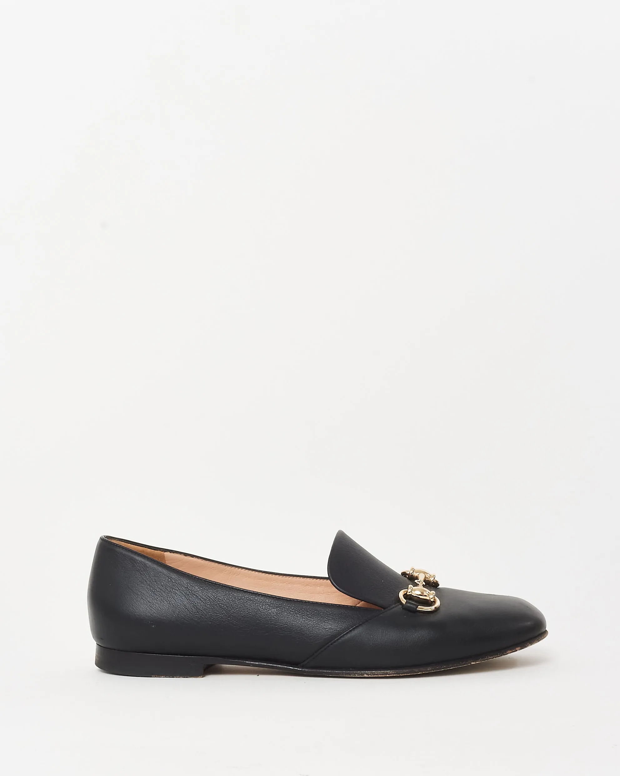 Gucci Black Leather Gold Horsebit Square Toe Loafers - 37.5