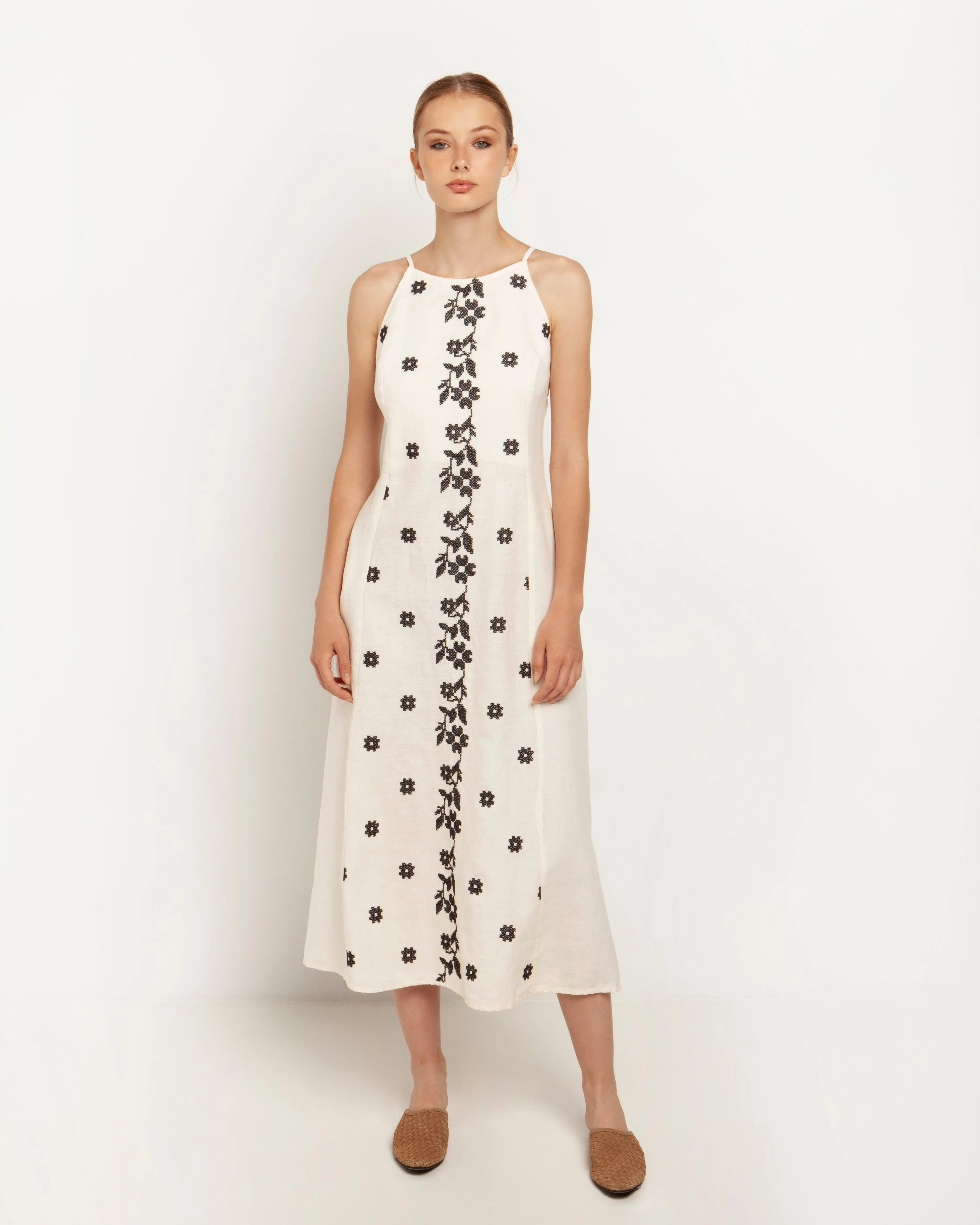 Midi Embroidered Strappy Dress
