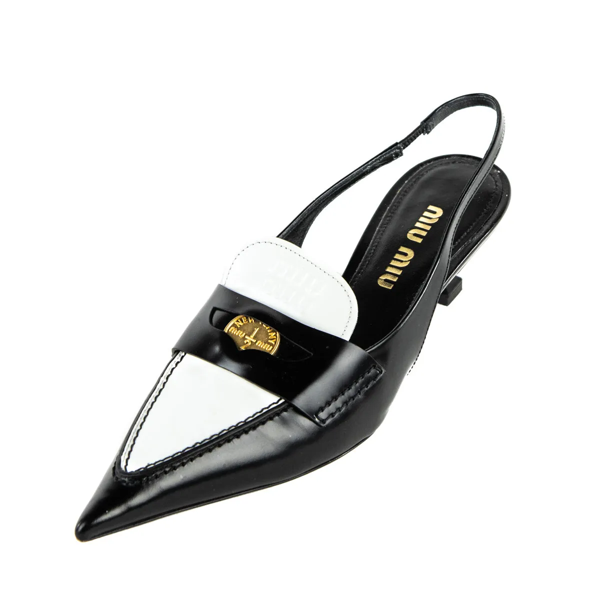 Miu Miu Black & White Penny Loafer Slingback Pumps Size US 8 | EU 38