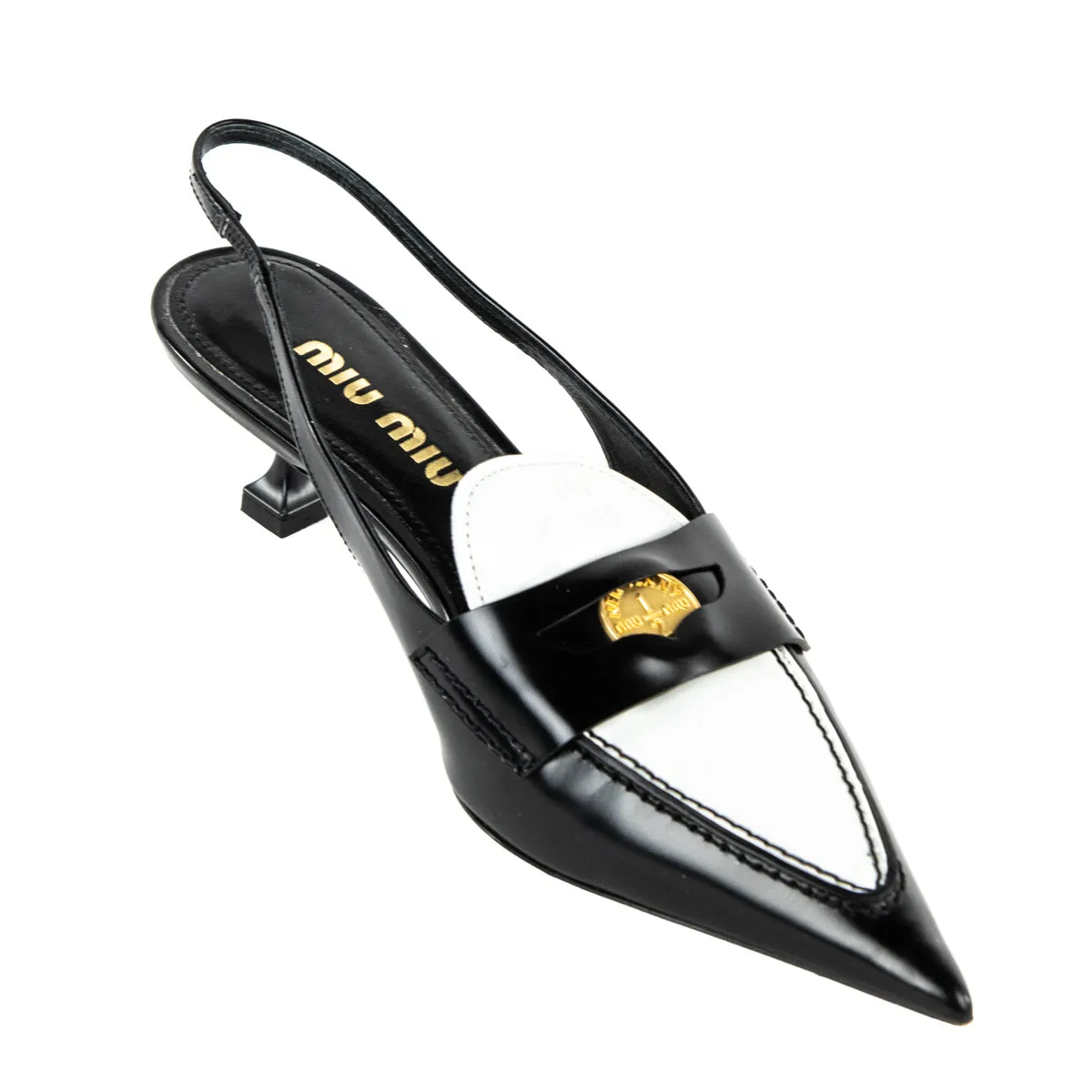 Miu Miu Black & White Penny Loafer Slingback Pumps Size US 8 | EU 38