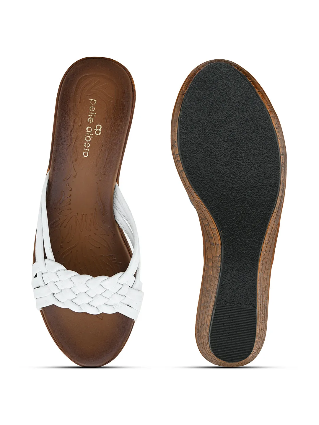 Pelle Albero Women's White Leather Slip-On Wedge Heel Sandals