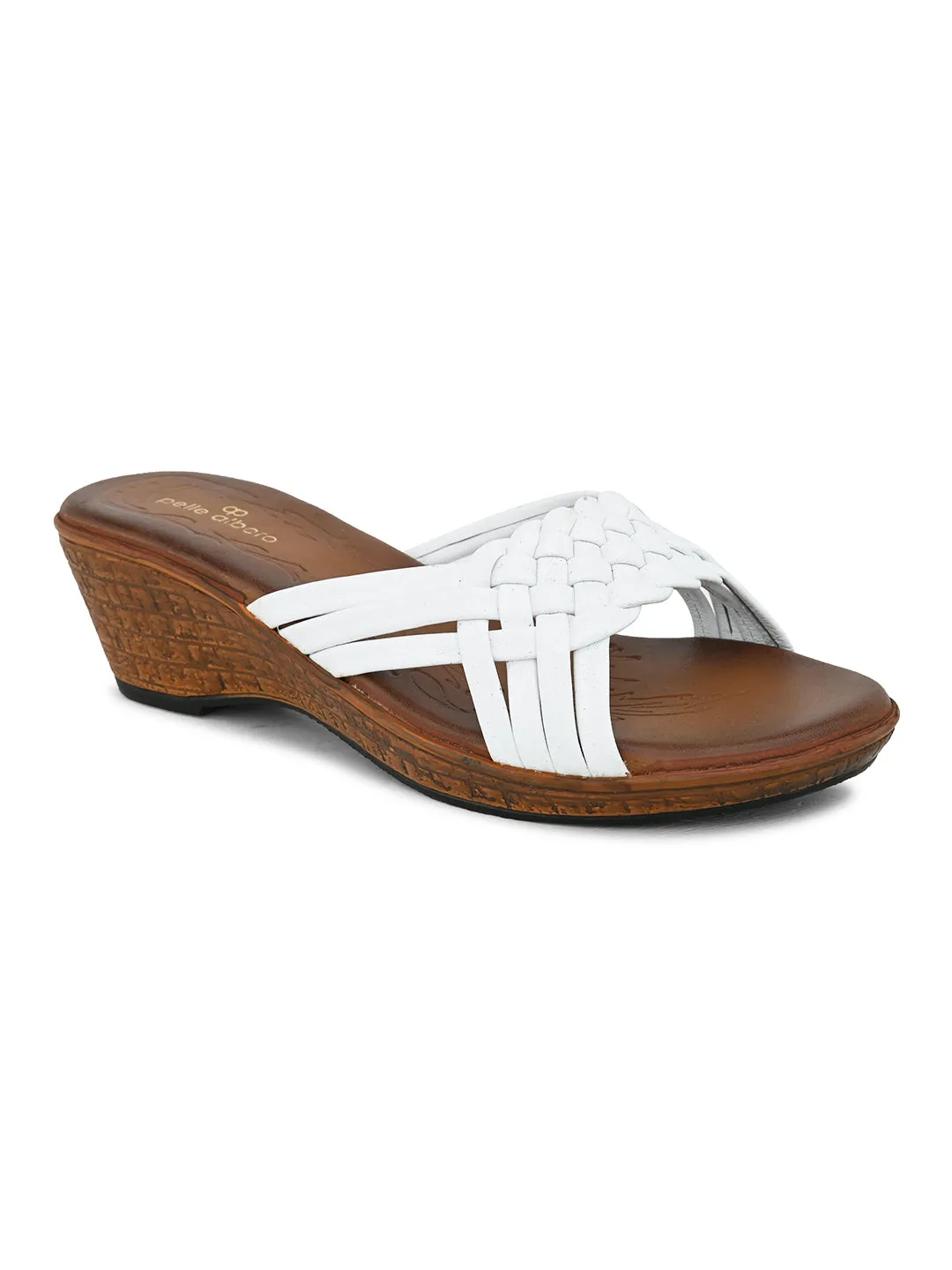 Pelle Albero Women's White Leather Slip-On Wedge Heel Sandals