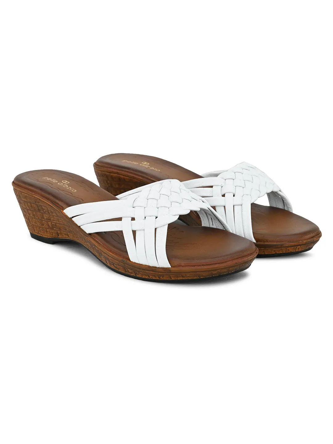 Pelle Albero Women's White Leather Slip-On Wedge Heel Sandals