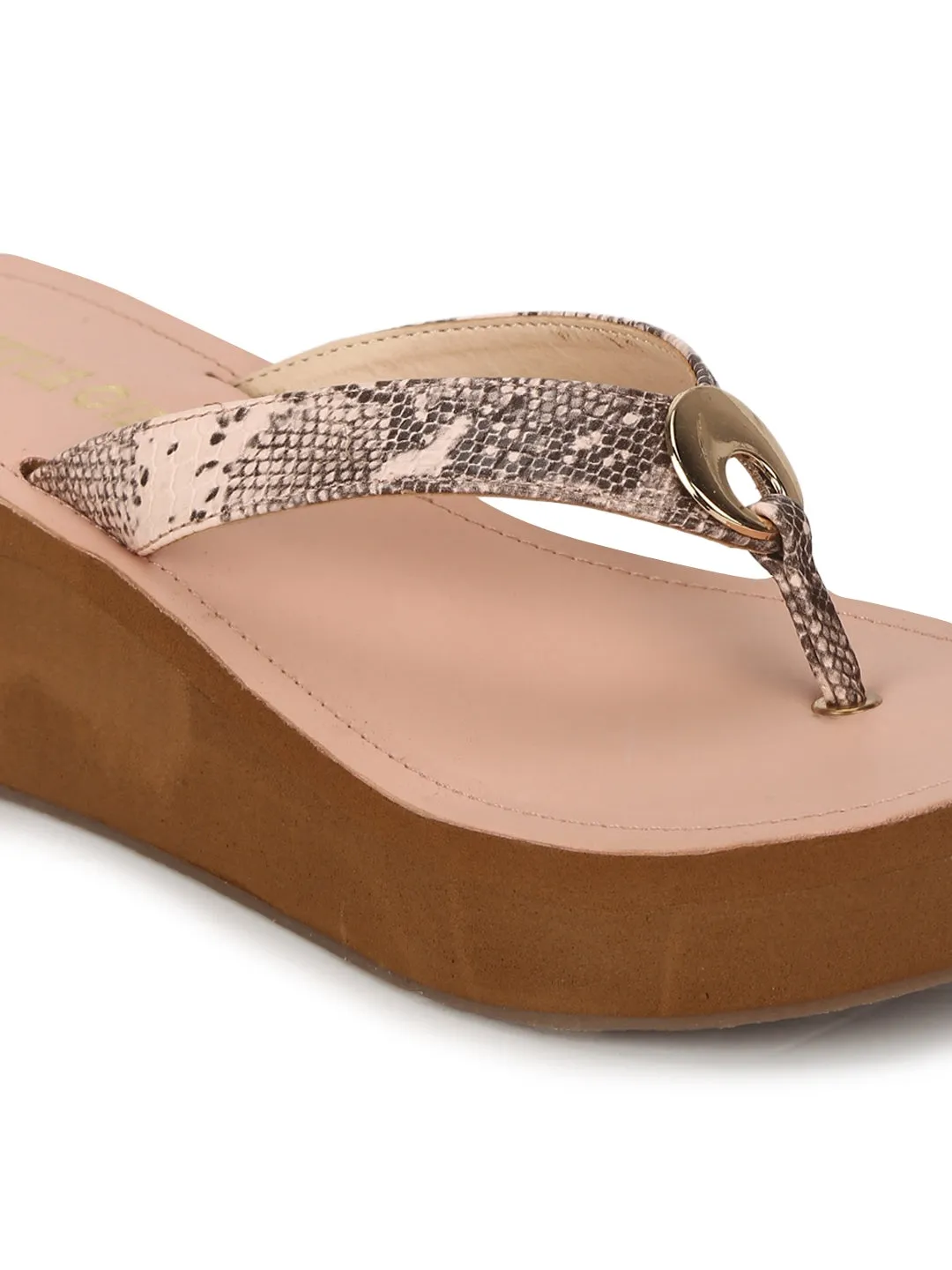 Pink PU Snake Pattern Slip On Wedges