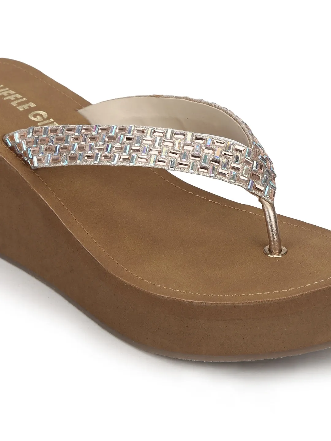 Rose Gold Shimmer Knitted Strap Slip On Wedges
