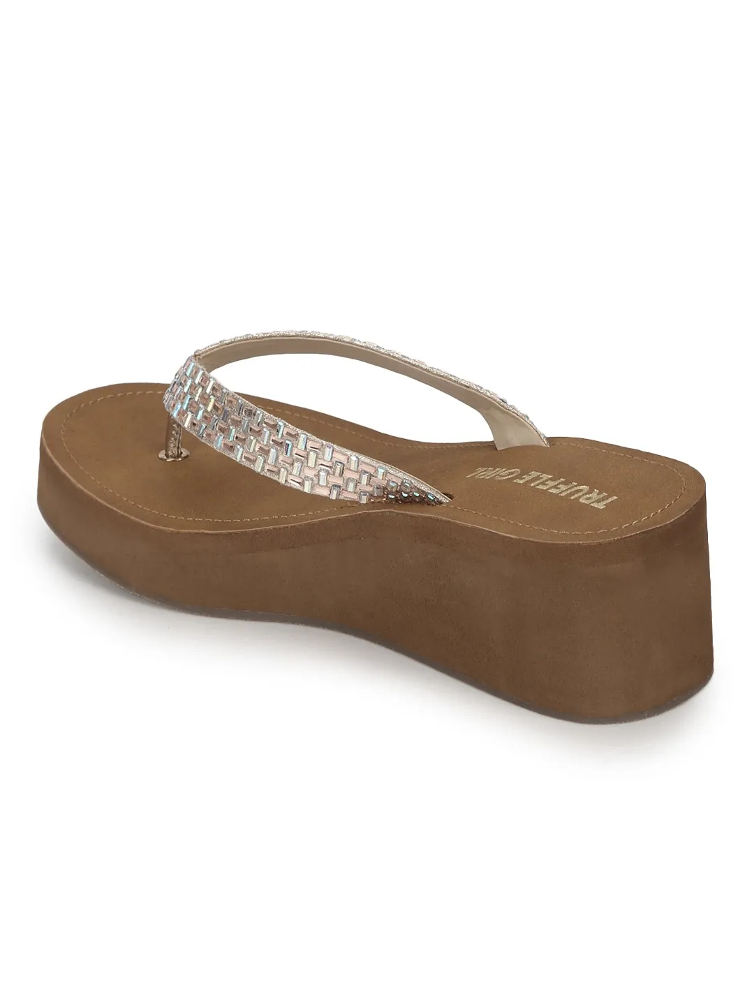 Rose Gold Shimmer Knitted Strap Slip On Wedges